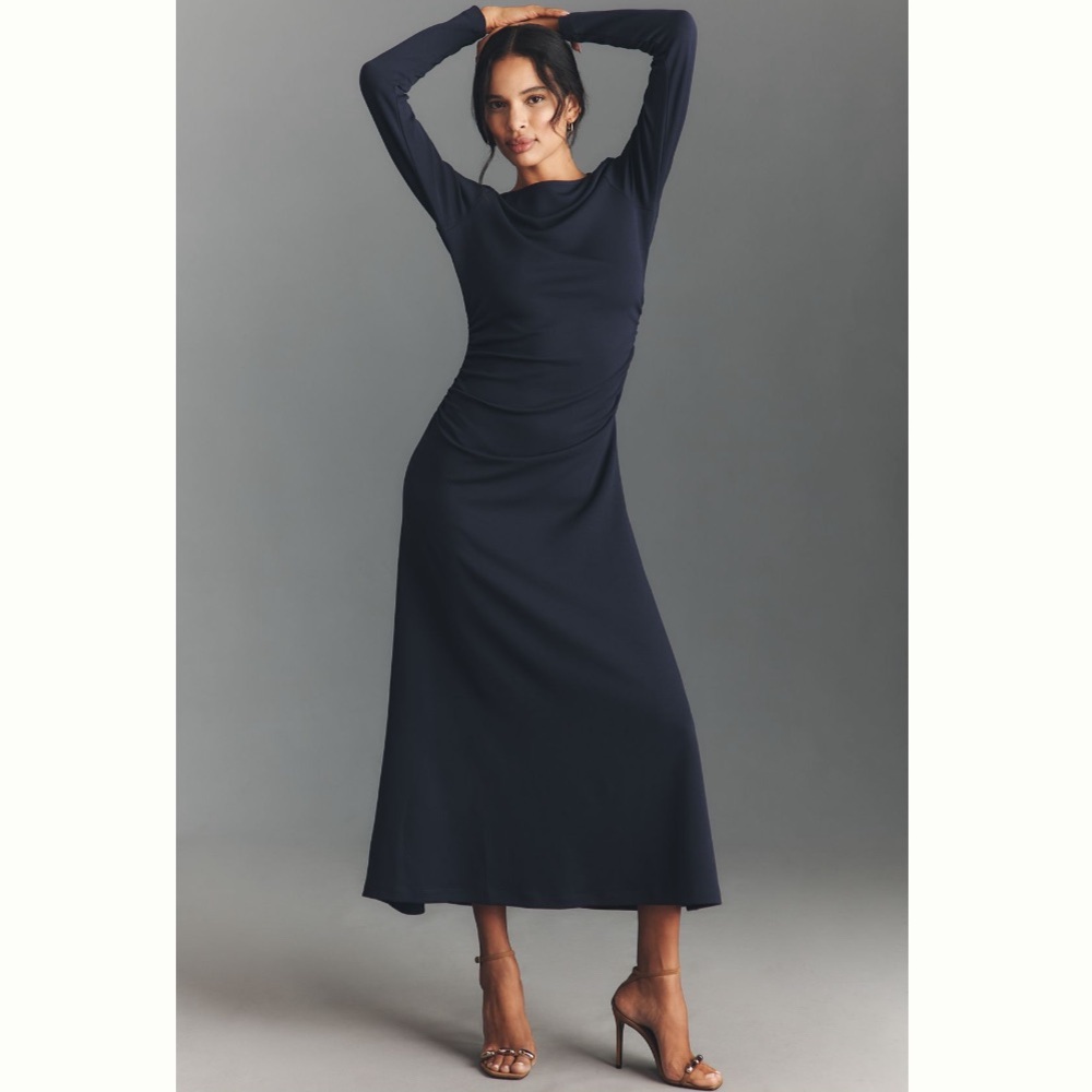 🟤NWT ANTHROPOLOGIE Long-Sleeve Cowl-Back
Maxi Dress in Navy LARGE - Picture 3 of 7